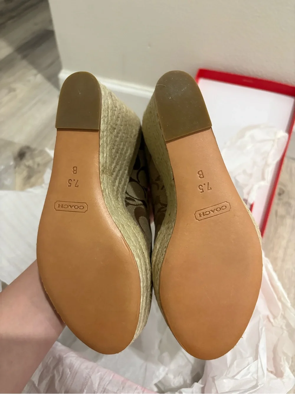 Coach Signature Canvas Peep-Toe Wedge in Beige and Brown